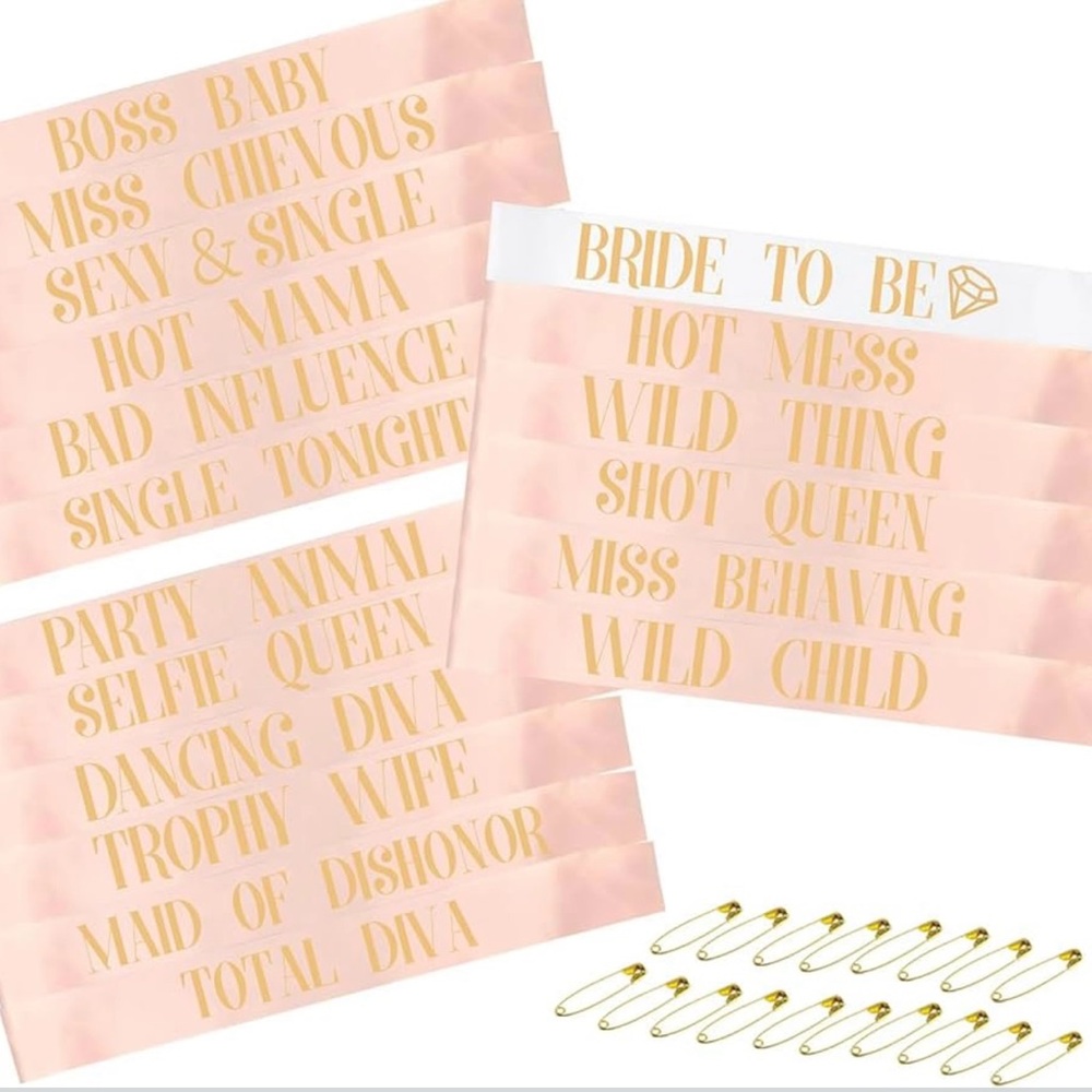 NWT Gold and Pink Bachelorette Sash Set OF 12